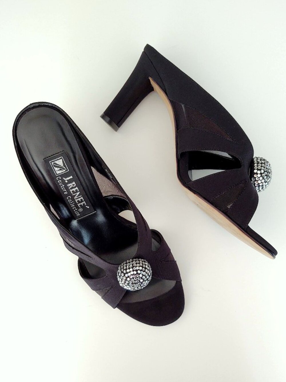 Black fabric evening slides w/rhinestone ball detail